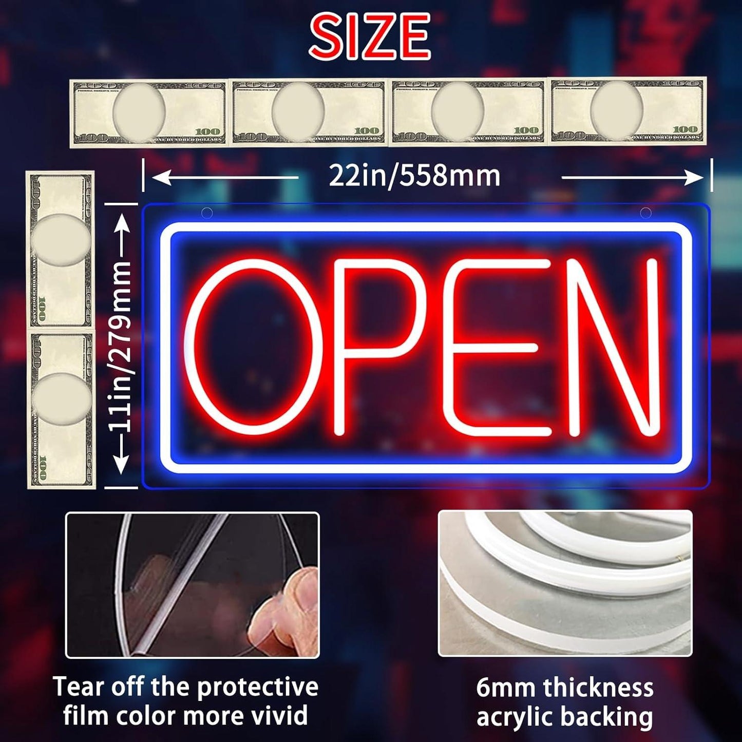 NW | Open Signs for Business Ultra Bright LED Neon Open Signs 16 Inch Plug In Electric Light Up Open Sign with Hours ON/OFF Switch for Business Storefront Window Glass Door Shop Florists Bar Salon Cafes