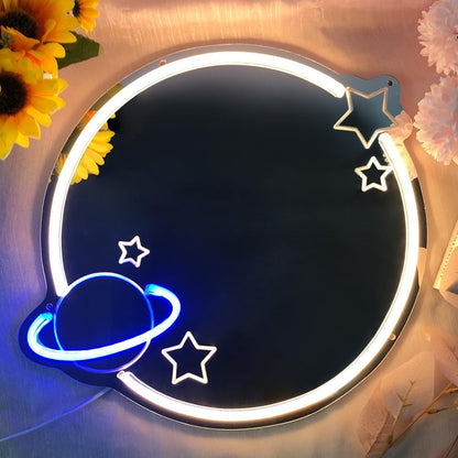 Planet Neon Mirror Neon Signs, Perfect Decor for Kids Room, Living Area, Beauty Space, Locker Room, Bedroom Wall Mirror, Neon Light up Acrylic Mirror for Studios, Parties, Game Rooms