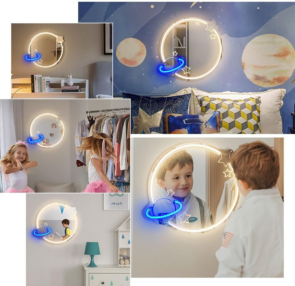 Planet Neon Mirror Neon Signs, Perfect Decor for Kids Room, Living Area, Beauty Space, Locker Room, Bedroom Wall Mirror, Neon Light up Acrylic Mirror for Studios, Parties, Game Rooms