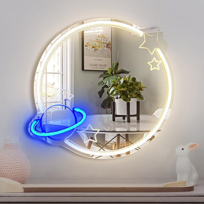 Planet Neon Mirror Neon Signs, Perfect Decor for Kids Room, Living Area, Beauty Space, Locker Room, Bedroom Wall Mirror, Neon Light up Acrylic Mirror for Studios, Parties, Game Rooms