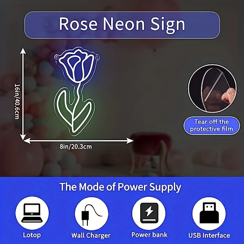 Rose Neon Sign, LED Rose Flower Neon Lights for Wall Decor Valentines Day Bedroom Bar Cafe Party Supplies Gift for Girls Boys