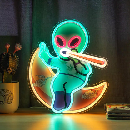 Green Alien Neon Sign on the Moon: LED Art Neon Signs for Wall Decor Cool Bedroom Neon Sign Lights for Bars & Man Caves. Fantasy Decorative Space Alien Decor