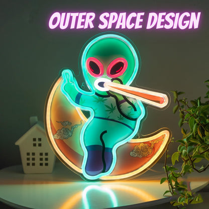 Green Alien Neon Sign on the Moon: LED Art Neon Signs for Wall Decor Cool Bedroom Neon Sign Lights for Bars & Man Caves. Fantasy Decorative Space Alien Decor