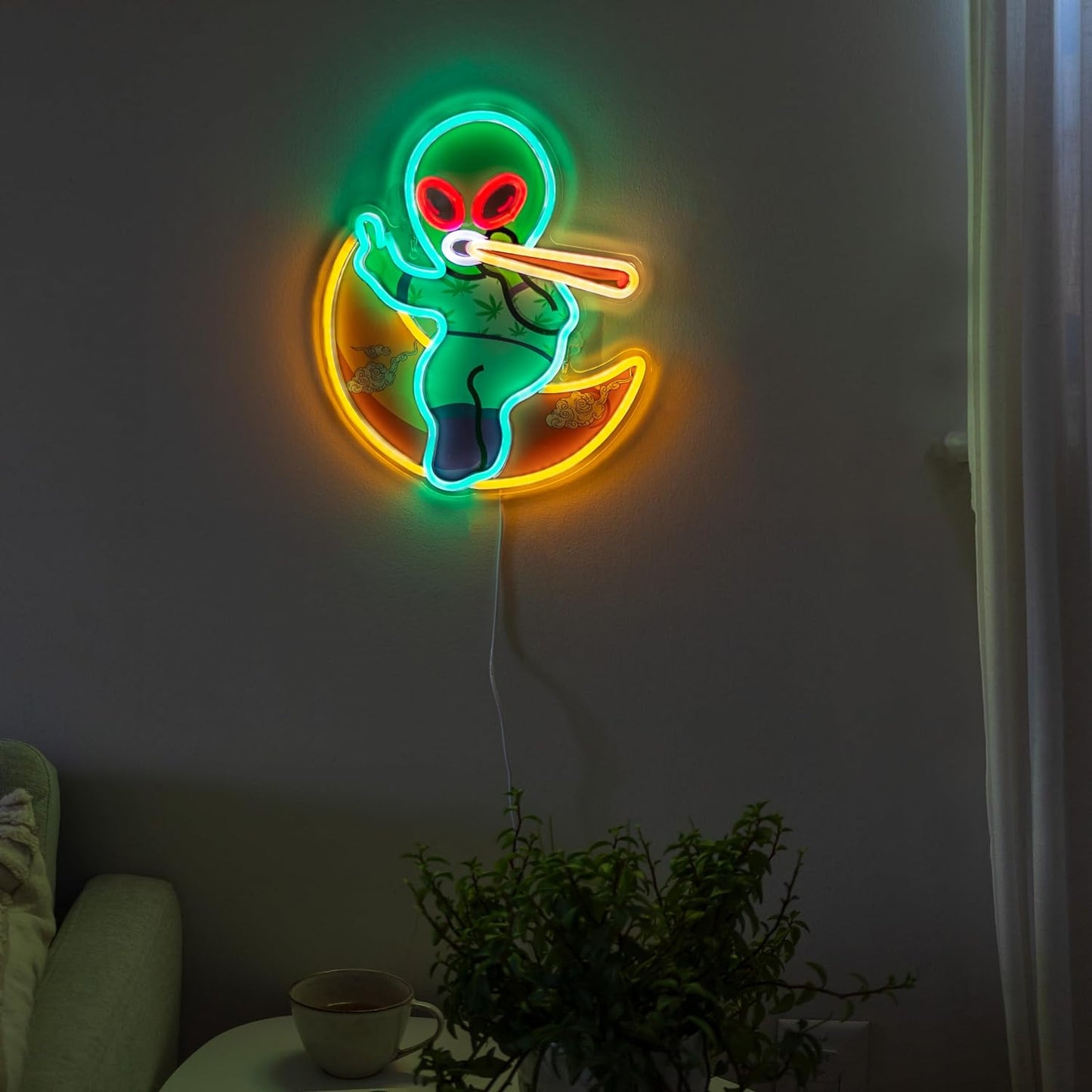 Green Alien Neon Sign on the Moon: LED Art Neon Signs for Wall Decor Cool Bedroom Neon Sign Lights for Bars & Man Caves. Fantasy Decorative Space Alien Decor