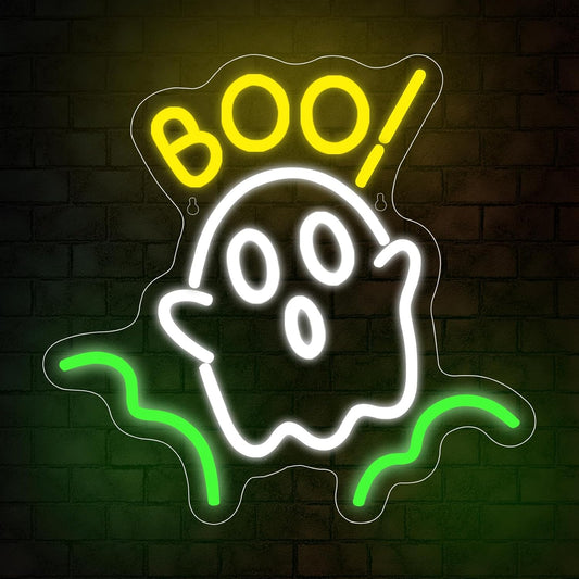 Halloween Window Decoration Neon Sign - BOO Ghost Green Neon Sign Light for Halloween Night Cute Wall Decoration, Home Bar Salon Coffee Stores Window Porch Front Door(12.8x12.8in)