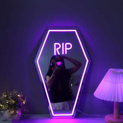 Coffin RIP Neon Mirror Sign,Gothic Room Decor,Coffin Mirror Sign,Halloween Gifts Party Coffin Decor,Gothic Lover Gift,Halloween Decor-7.7x13'' Purple