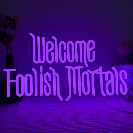 Welcome Foolish Mortals Neon Sign,Dimmable Spooky Gothic Haunted Mansion Coffin LED Neon Signs for Wall Decor,USB Powered Led Neon Light for Halloween Party Haunted House Man Cave Birthday Gifts(16.1*9.4in) (Purple)