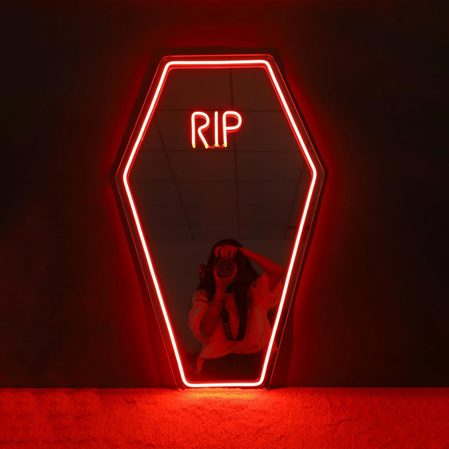 Coffin RIP Neon Mirror Sign,Gothic Room Decor,Coffin Mirror Sign,Halloween Gifts Party Coffin Decor,Gothic Lover Gift,Halloween Decor-7.7x13'' Red