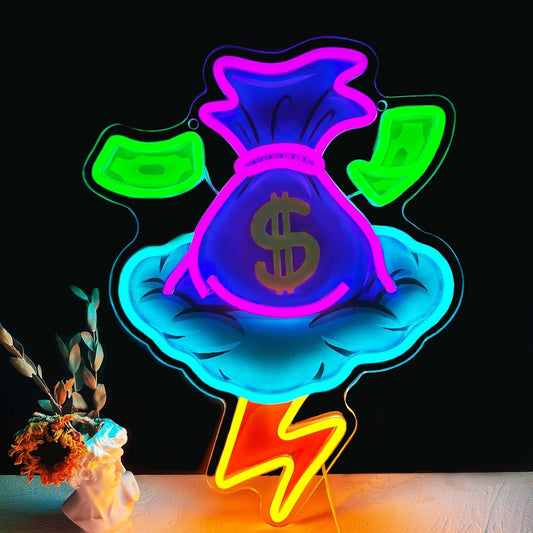 Money Bag Neon Sign for Wall Decor Lightning Bolt Neon Light USB Operated Led Neon Sign Dimmable for Living Room, Bedroom, Club, Bar, Men Cave, Game Room, Party, Holiday Gift