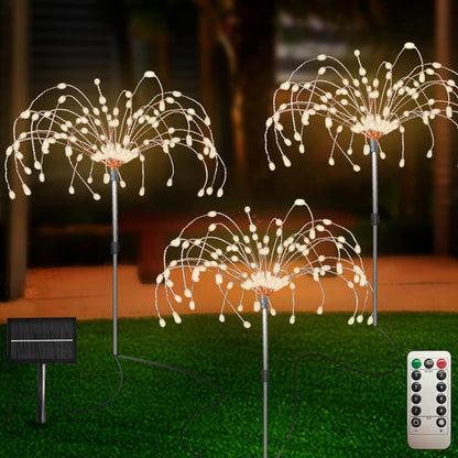 Outdoor Solar Garden Lights 3 Pack, 120 LED Copper Wire Light with Remote, 8 Lighting Modes Decorative Stake Landscape DIY Solar Firework Light for Pathway Party Decor