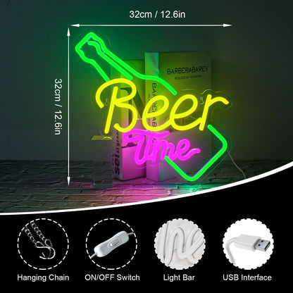 Beer Time Neon Sign Bar Neon Lights Neon Beer Signs Colorful Led Neon Signs for Wall Decor USB Beer Light Up Sign Neon Bar Signs for Home Bar Man Cave Party Club Restaurant Hotel