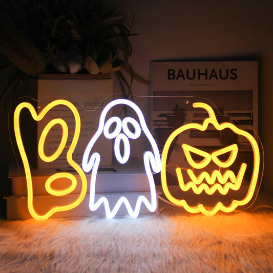 Halloween Boo Neon Sign Spooky Ghost Neon Light Pumpkin Neon Signs Halloween House Decor Orange Pumpkin LED Sign White Ghost Neon Light Up Signs for Bedroom Bar Goth Room Party Decor