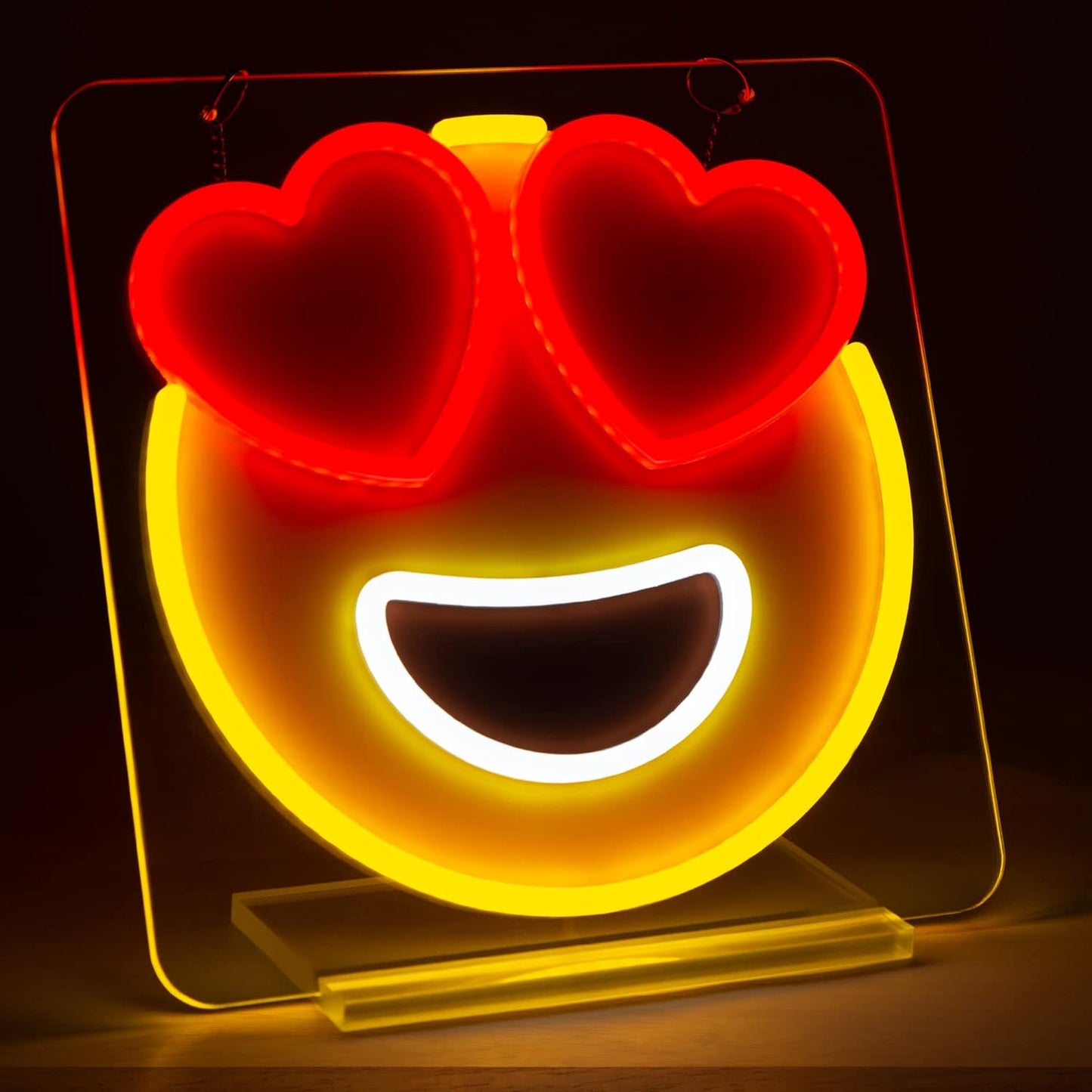 Neon Sign - LED Aesthetic Decor for Wall, Shelf or Desk - Light Up Sign for Bedroom, Den, Game Room, Man Cave or Party - Smiley Face Gift for Kids or Teens - Heart Eyes Emoji