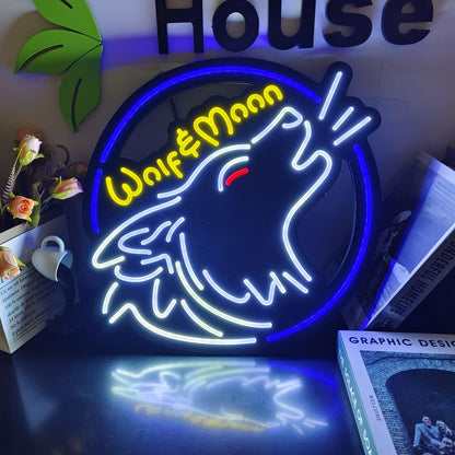 Wolf Moon Neon Lights Gaming Decorate LED Neon Sign Suitable for Home Decoration or Office, Bar, Recreation Room Game Lights, Windows, Garage Walls, Party, Birthday, Kids Room, Gifts