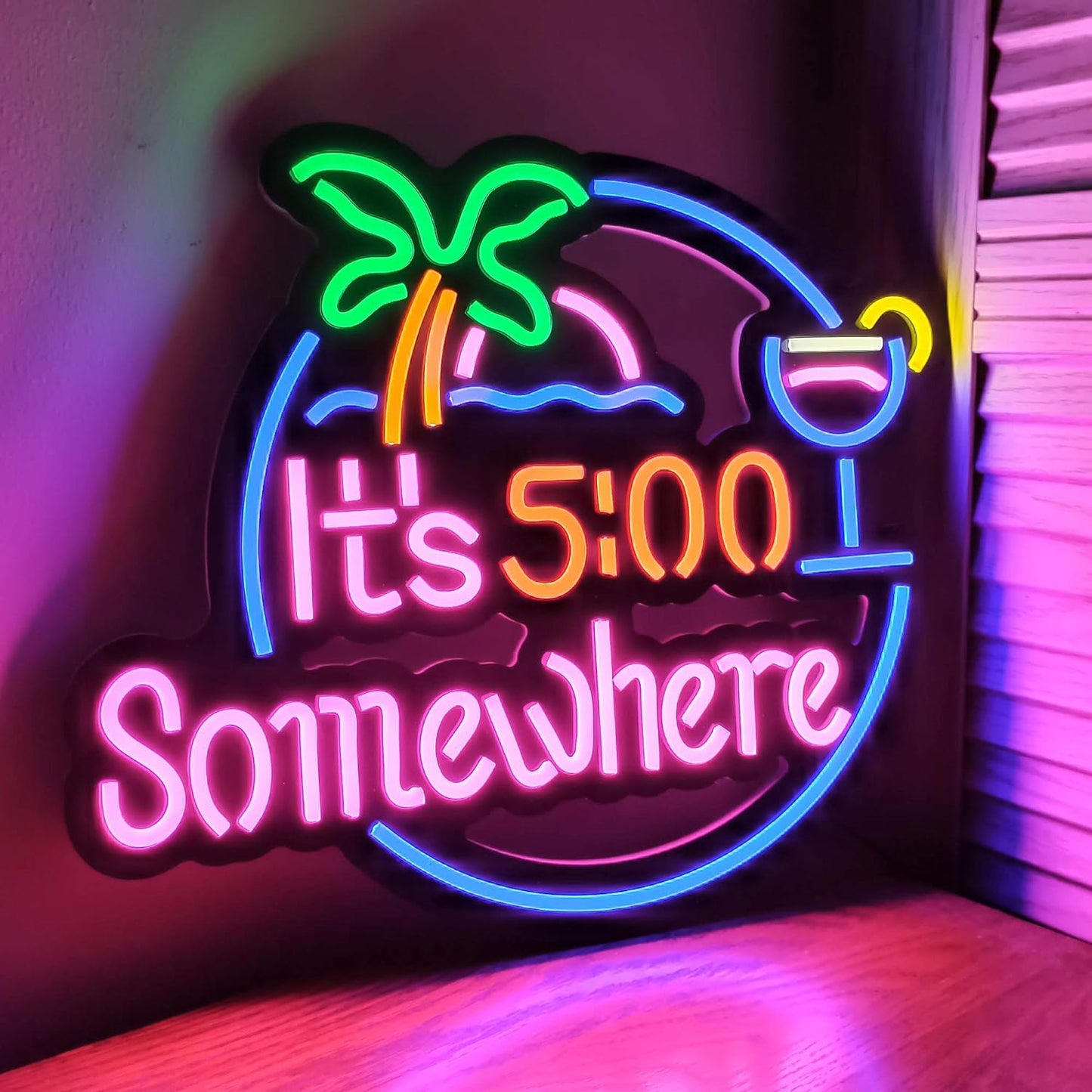 Ultrathin LED Neon Sign Art Wall Lights for Bedroom Windows Glass Hotel Pub Cafe Wedding Birthday Party Gifts (It's 5:00 & Palm)