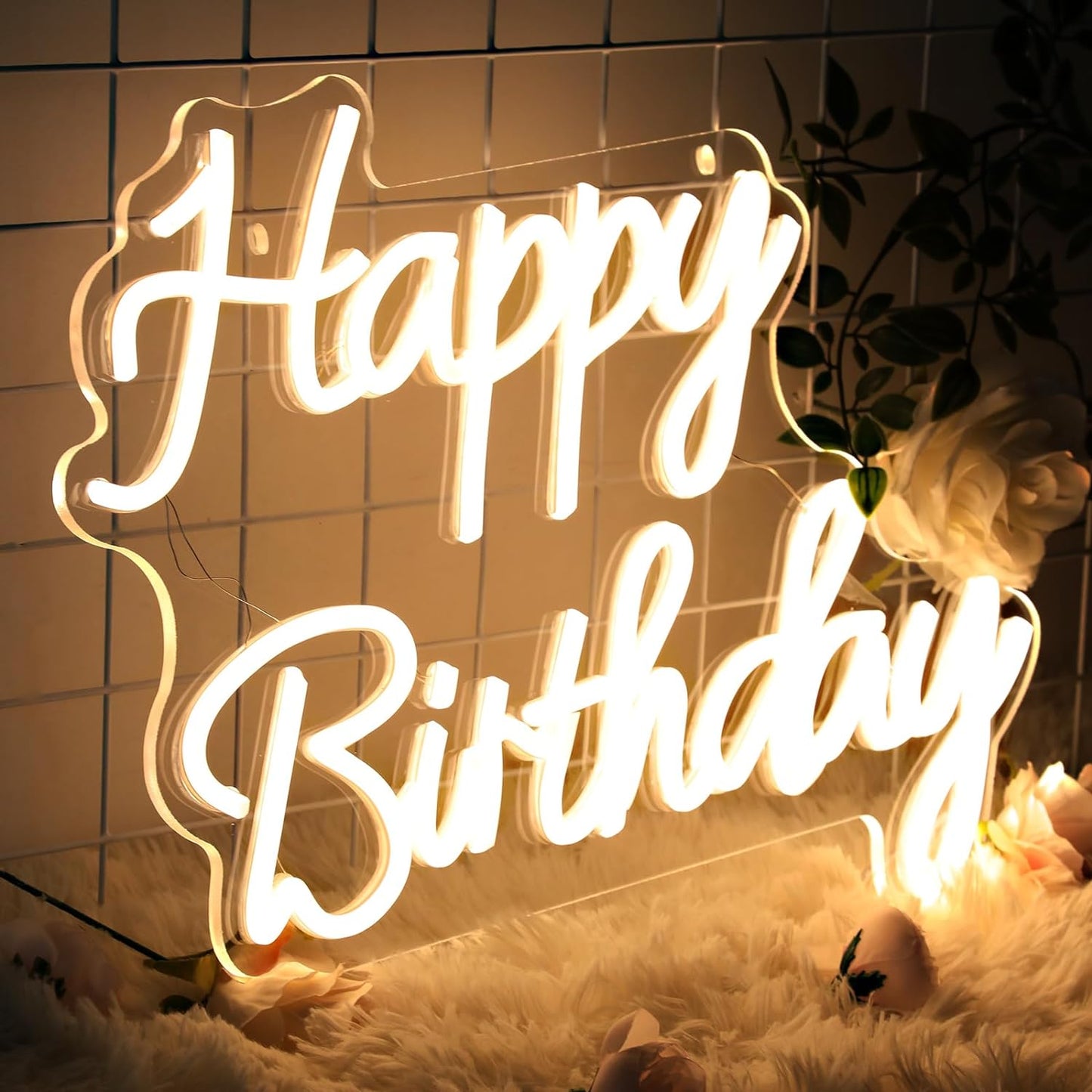 Neonawall Happy Birthday Neon Sign, Neon Happy Birthday Sign for Backdrop - LED Neon Happy Birthday Light Up Sign for Birthday Party Decoration (Warm White)