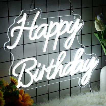 Neonawall Happy Birthday Neon Sign for Birthday Party, Happy Birthday LED Neon Light Sign for Wall Decor Bedroom Room USB Powered Kids Gift with Dimmable Switch 16‘’ (White)