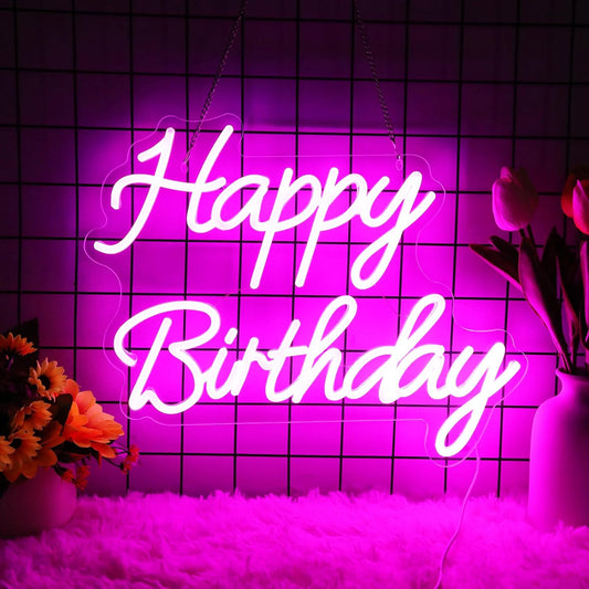 Neonawall Happy Birthday Neon Sign, Neon Happy Birthday Sign for Backdrop - LED Neon Happy Birthday Light Up Sign for Birthday Party Decoration Gifts 16'' (Pink)