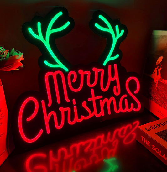 Merry Christmas Neon Lights Ultra-Thin Design Antlers LED Neon Sign is Suitable for Home Decoration or Office, Bar, Windows, Garage Walls, Party, Birthday, Kids Room, Gifts