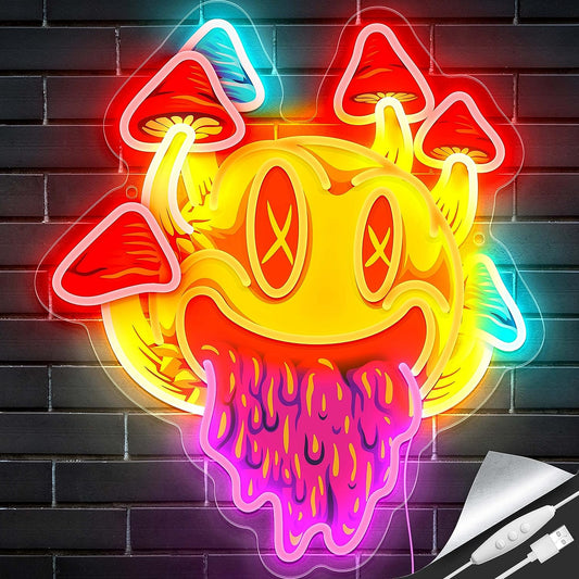 Smiling with Mushrooms Neon Sign Unique Mushroom Decor Aesthetic Room Decor Trippy Mushrooms Light for Halloween Parties, Bedroom Wall, Bar, Game Room, Man Cave