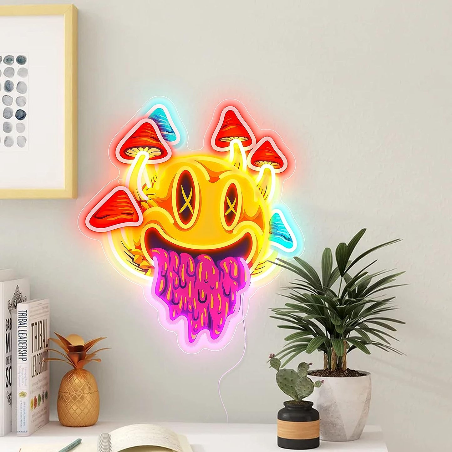 Smiling with Mushrooms Neon Sign Unique Mushroom Decor Aesthetic Room Decor Trippy Mushrooms Light for Halloween Parties, Bedroom Wall, Bar, Game Room, Man Cave