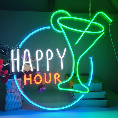 Happy Hour Neon Sign, Bar Man Cave Club Home Bedroom Led Light,Beer Signs for Wall Decor, Shop Pub Cafe Birthday Party Men Cave Dimmable with Accessories (Blue Green Yellow 20x18 inches)