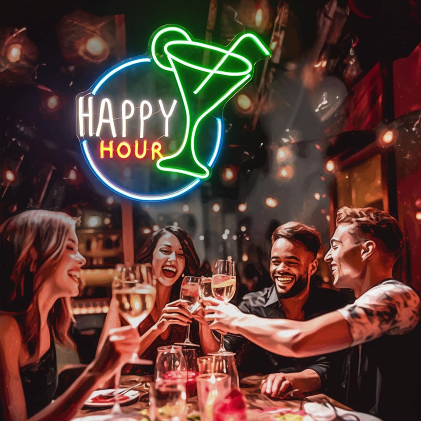 Happy Hour Neon Sign, Bar Man Cave Club Home Bedroom Led Light,Beer Signs for Wall Decor, Shop Pub Cafe Birthday Party Men Cave Dimmable with Accessories (Blue Green Yellow 20x18 inches)