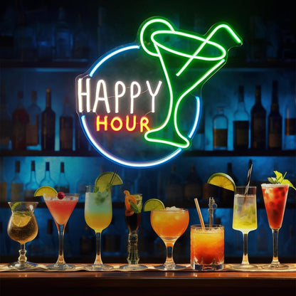 Happy Hour Neon Sign, Bar Man Cave Club Home Bedroom Led Light,Beer Signs for Wall Decor, Shop Pub Cafe Birthday Party Men Cave Dimmable with Accessories (Blue Green Yellow 20x18 inches)