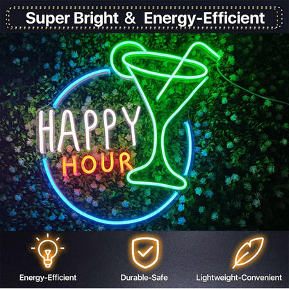 Happy Hour Neon Sign, Bar Man Cave Club Home Bedroom Led Light,Beer Signs for Wall Decor, Shop Pub Cafe Birthday Party Men Cave Dimmable with Accessories (Blue Green Yellow 20x18 inches)