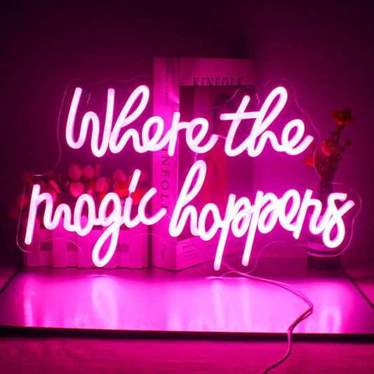 Where The Magic Happens Neon Sign Led Pink Word Light Up Signs for Wall Decor Usb Powered Letter Neon Light Signs Indoor Light for Bedroom Salon Decor Wedding Birthday Party Bar Man Cave