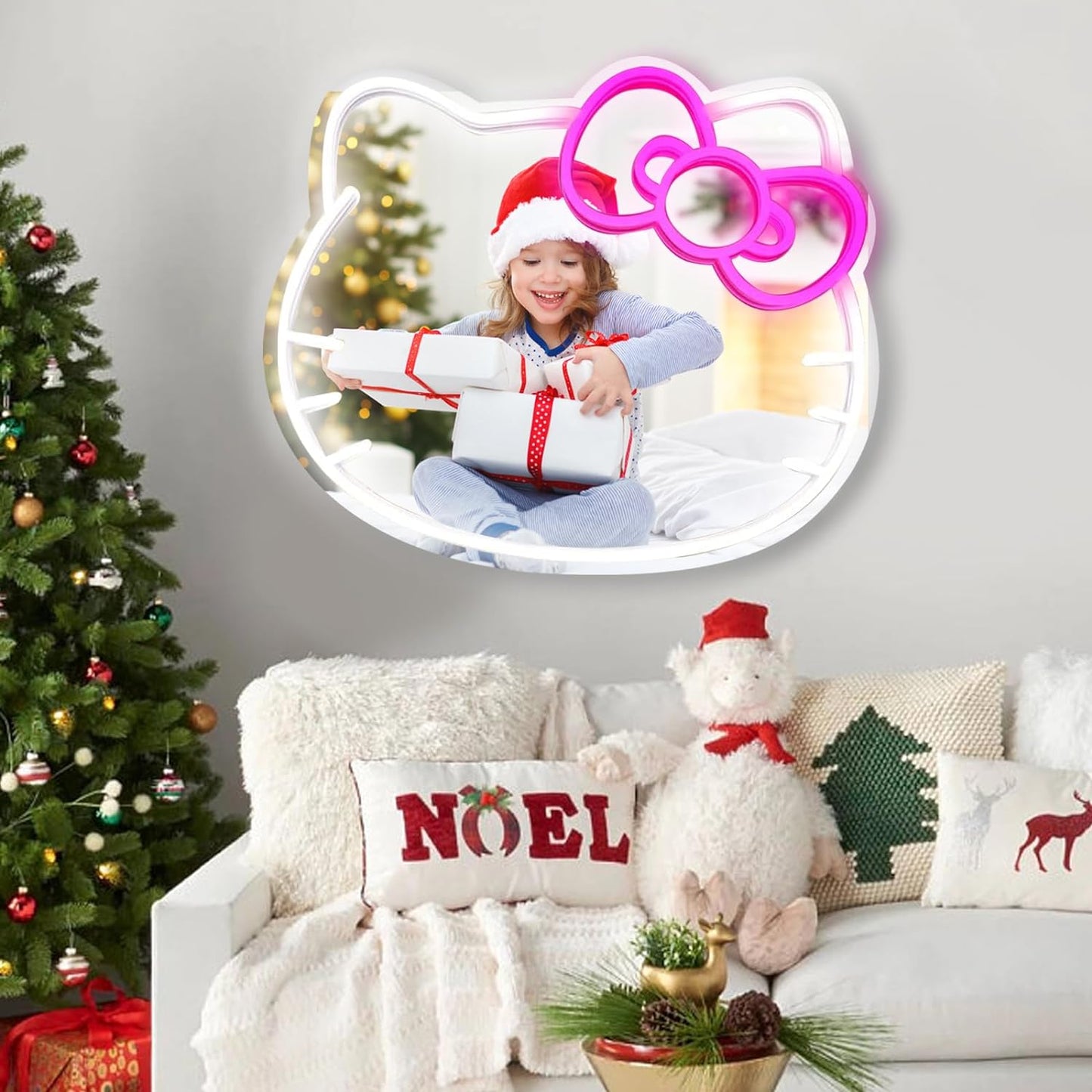 Hello Kit Gifts Wall Mirror, Neon Signs for Locker Room Living Room Girl's Bedroom, Neon Light up Acrylic Mirror with Dimmable for Christmas Day