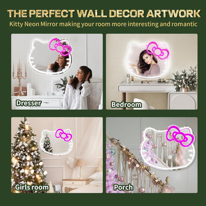 Hello Kit Gifts Wall Mirror, Neon Signs for Locker Room Living Room Girl's Bedroom, Neon Light up Acrylic Mirror with Dimmable for Christmas Day