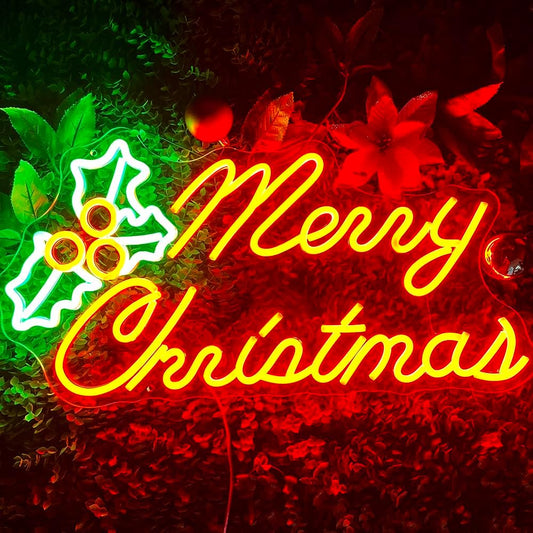 Merry Christmas Neon Sign Large Chrismas Holly Led Lights Sign for Christmas Decorations Red Greeen Xmas Light Up Sign for Home Bar Living Room Bedroom Christmas Party Coffee Shop Window Sign Chrismas Gifts