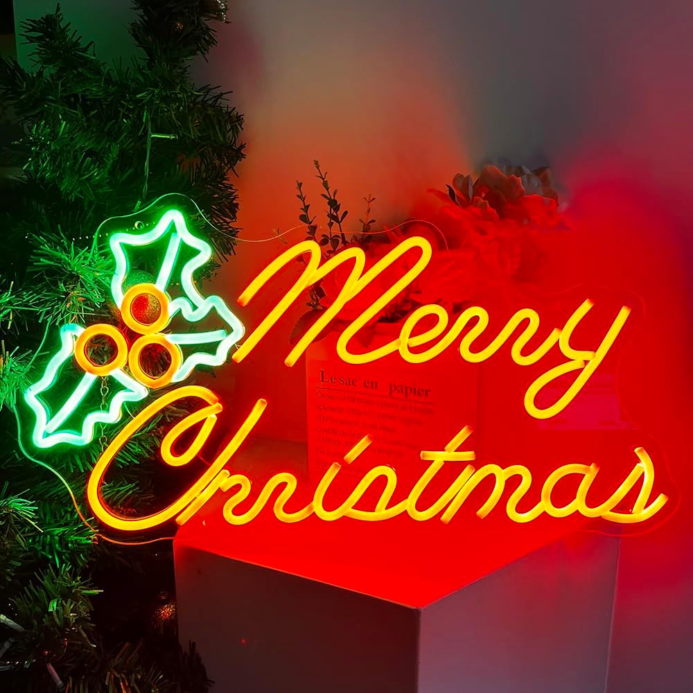 Merry Christmas Neon Sign Large Chrismas Holly Led Lights Sign for Christmas Decorations Red Greeen Xmas Light Up Sign for Home Bar Living Room Bedroom Christmas Party Coffee Shop Window Sign Chrismas Gifts