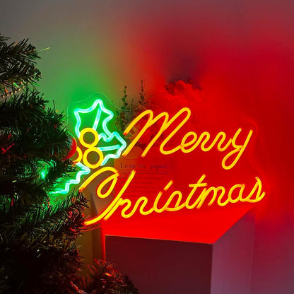 Merry Christmas Neon Sign Large Chrismas Holly Led Lights Sign for Christmas Decorations Red Greeen Xmas Light Up Sign for Home Bar Living Room Bedroom Christmas Party Coffee Shop Window Sign Chrismas Gifts