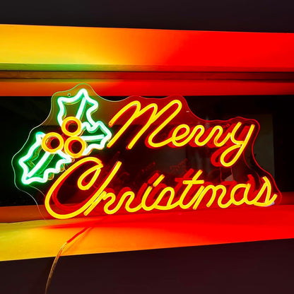 Merry Christmas Neon Sign Large Chrismas Holly Led Lights Sign for Christmas Decorations Red Greeen Xmas Light Up Sign for Home Bar Living Room Bedroom Christmas Party Coffee Shop Window Sign Chrismas Gifts