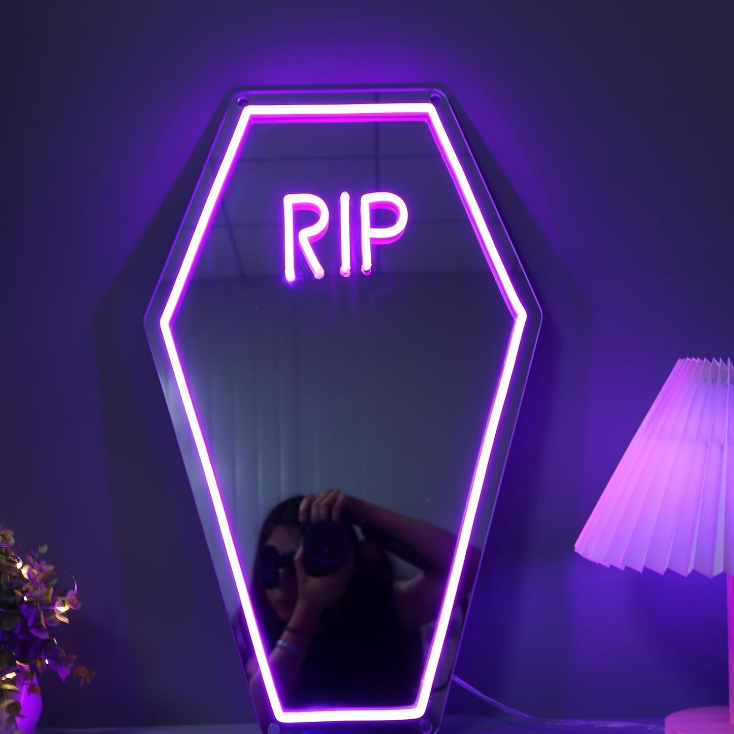 Coffin RIP Neon Mirror Sign,Gothic Room Decor,Coffin Mirror Sign,Halloween Gifts Party Coffin Decor,Gothic Lover Gift,Halloween Decor-7.7x13'' Purple