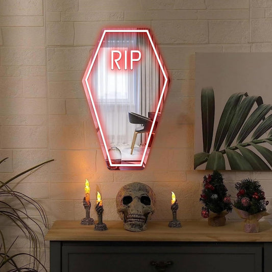 Coffin RIP Neon Mirror Sign,Gothic Room Decor,Coffin Mirror Sign,Halloween Gifts Party Coffin Decor,Gothic Lover Gift,Halloween Decor-7.7x13'' Red